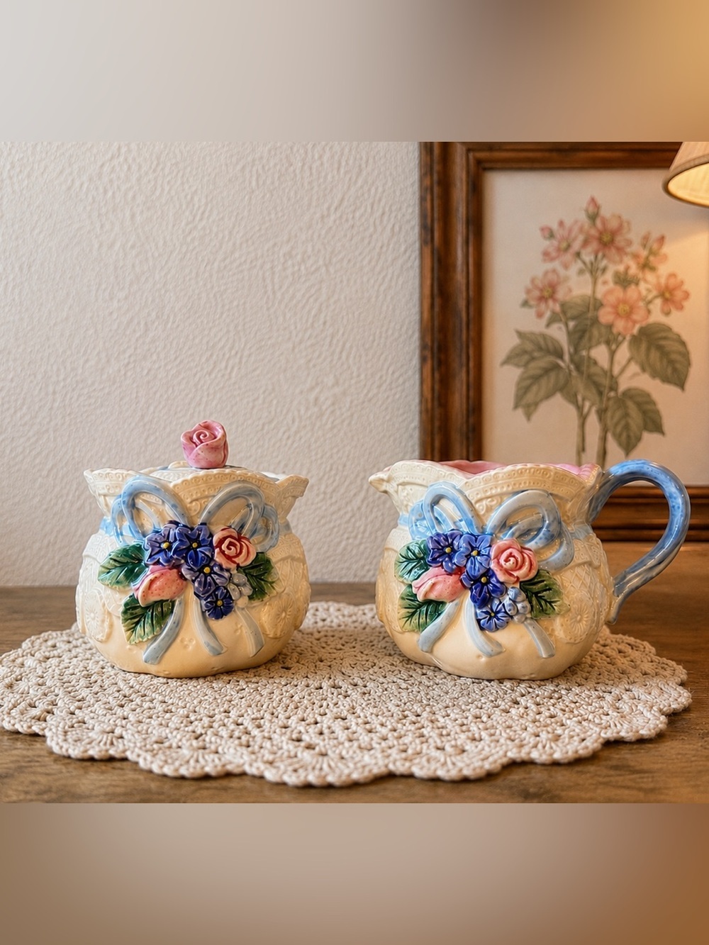 Fitz & Floyd 1993 Vintage Sugar Bowl & Creamer Set | Pink & Blue Tea Set